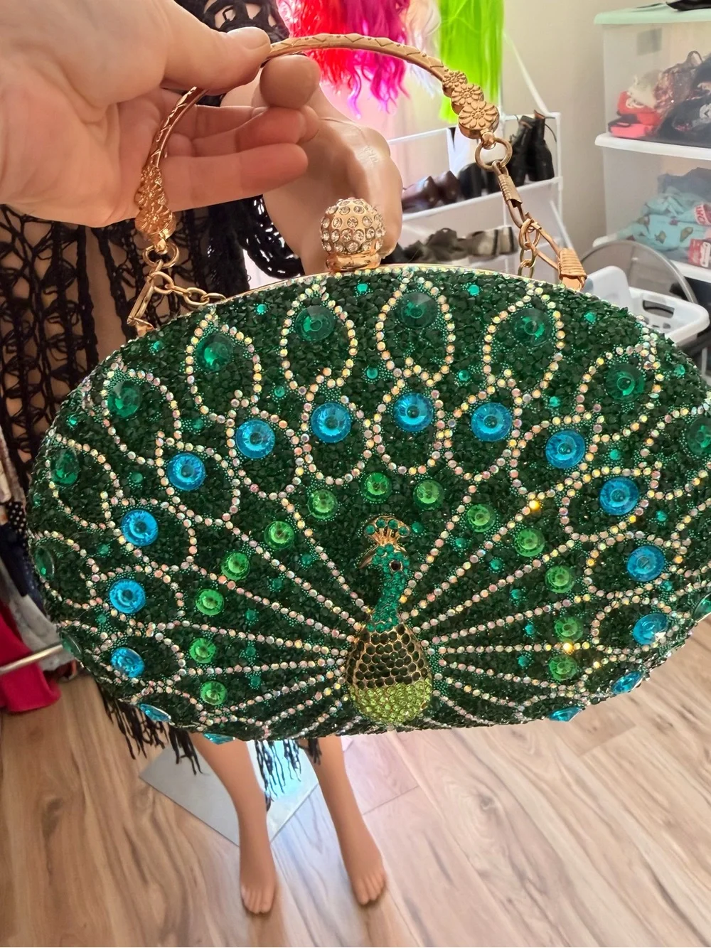 Green Peacock Crystal Evening Clutch with Gold Tone Chain